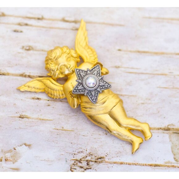 Vintage Gold Tone Angel Silver Tone Star Bead Brooch by JJ - BR1 - Picture 1 of 3